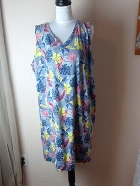 D & Co. Sleeveless V-Neck Tropical Print Shift Dress - Blue Multi